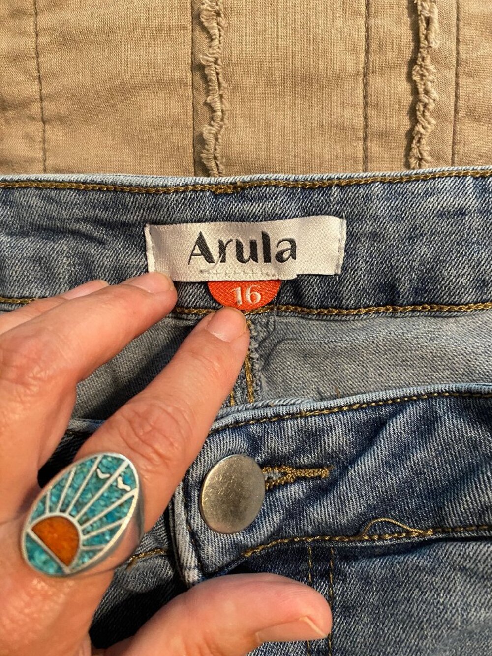 ARULA - Light Wash Flare Jeans Raw Hem Stretch Denim - Size 16 - Picture 3 of 10